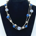 Vintage Silver tone Triple Chain Blue Stripe Bead Station Necklace 15.5" - 17.5"