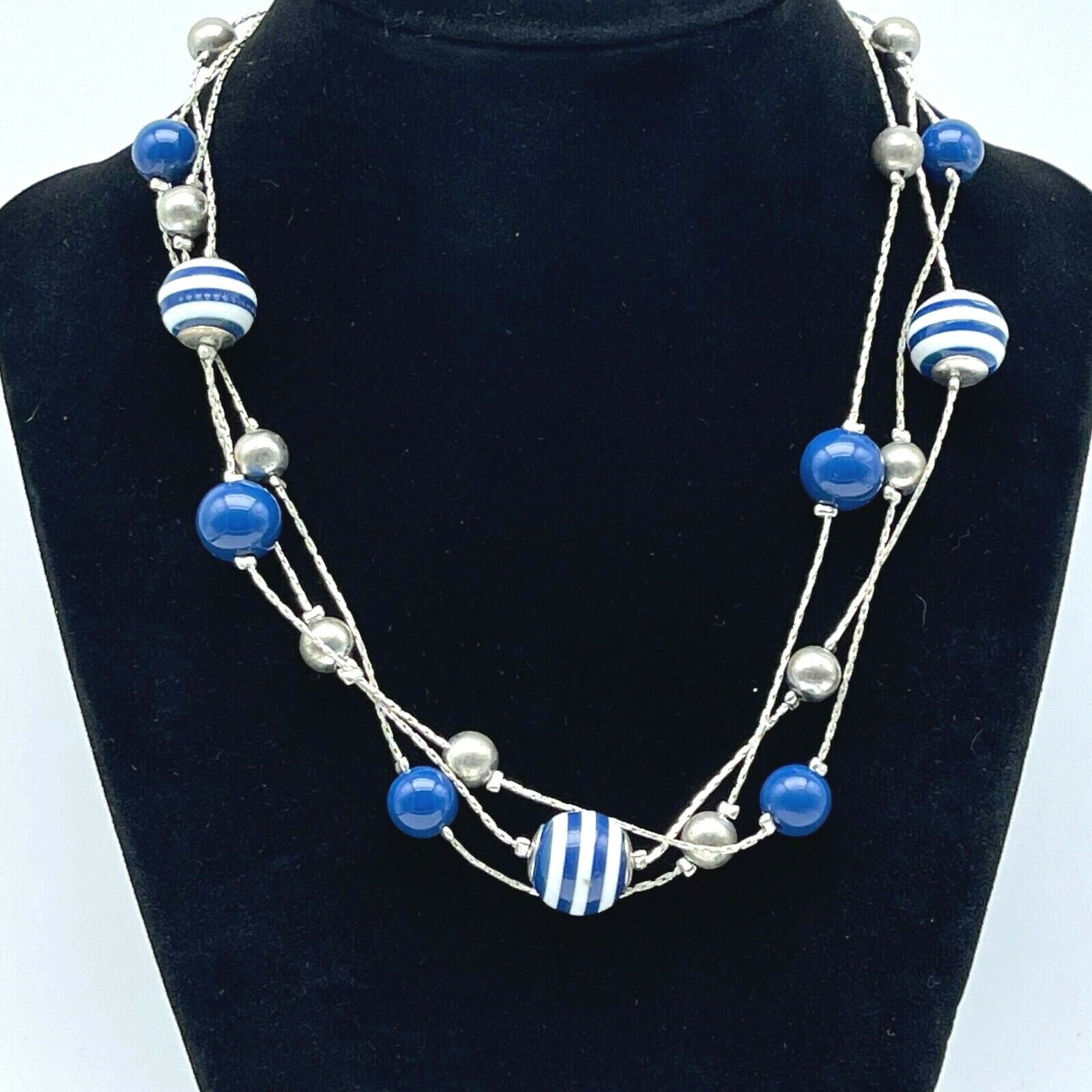 Vintage Silver tone Triple Chain Blue Stripe Bead Station Necklace 15.5" - 17.5"
