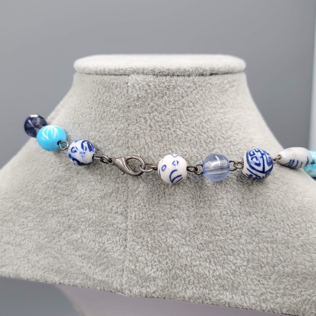 Eclectic Blue Glass Bead Necklace Flowers Multicolor Silver tone 16 in