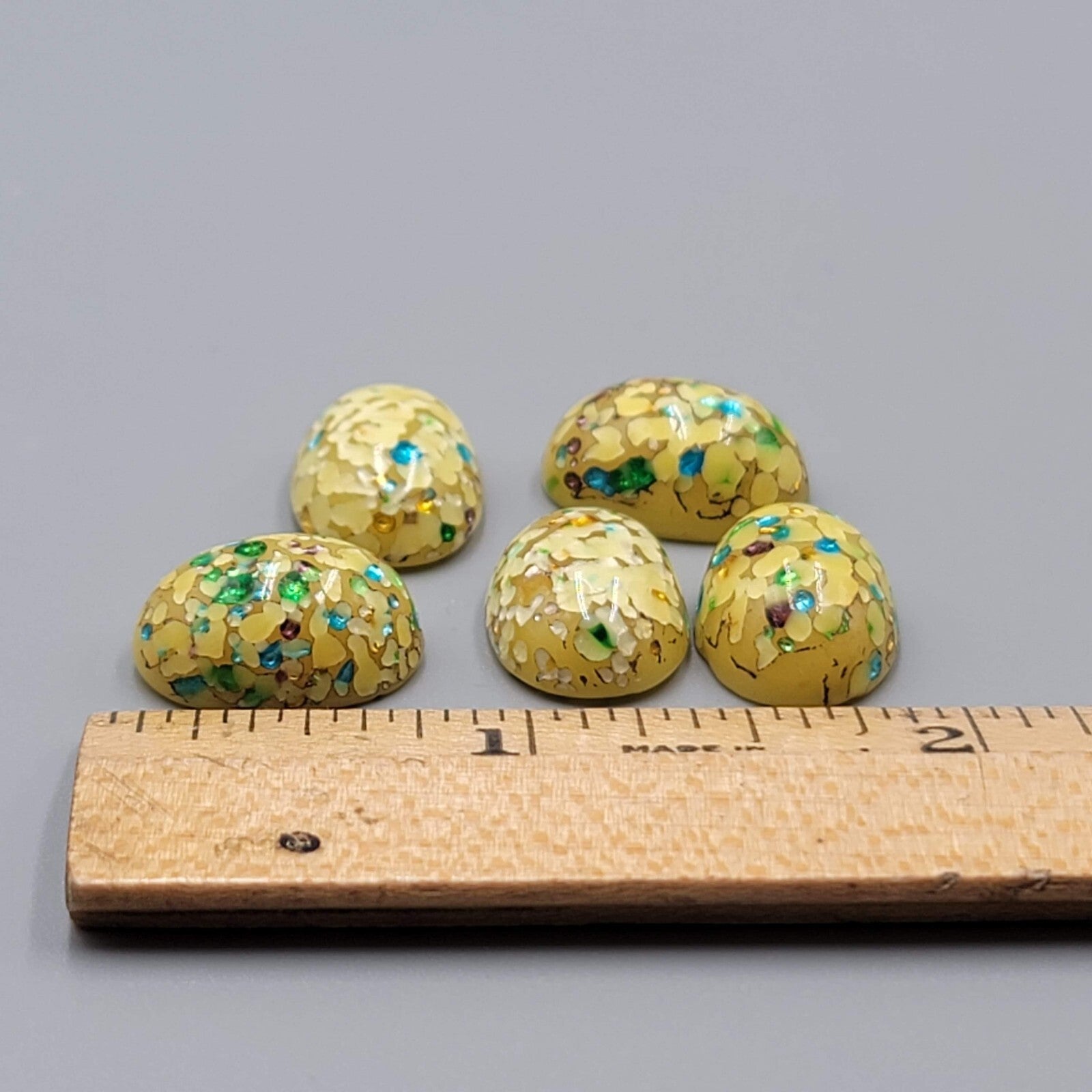Vintage Glass Domed Cabochons Loose Lot of 5 Yellow Confetti