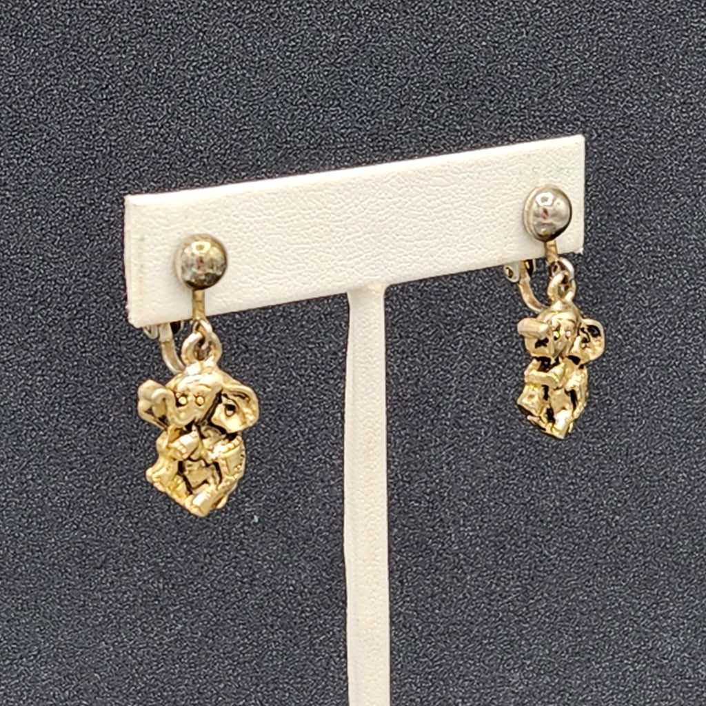 Vintage Clip on Earrings Gold tone Elephant Dangle 3/4"