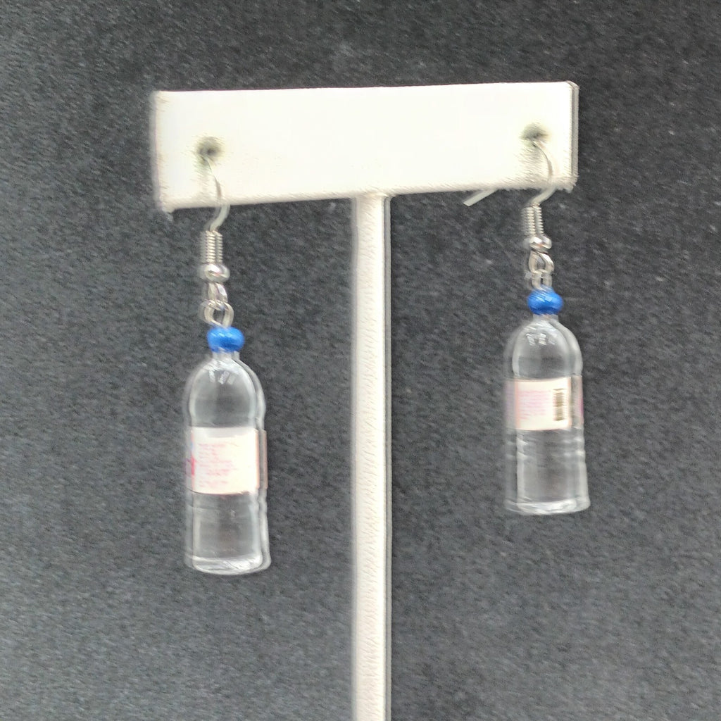 Evian Water Bottle Pierced Earrings  Silver tone Acrylic Miniature Dangle 1 1/4"