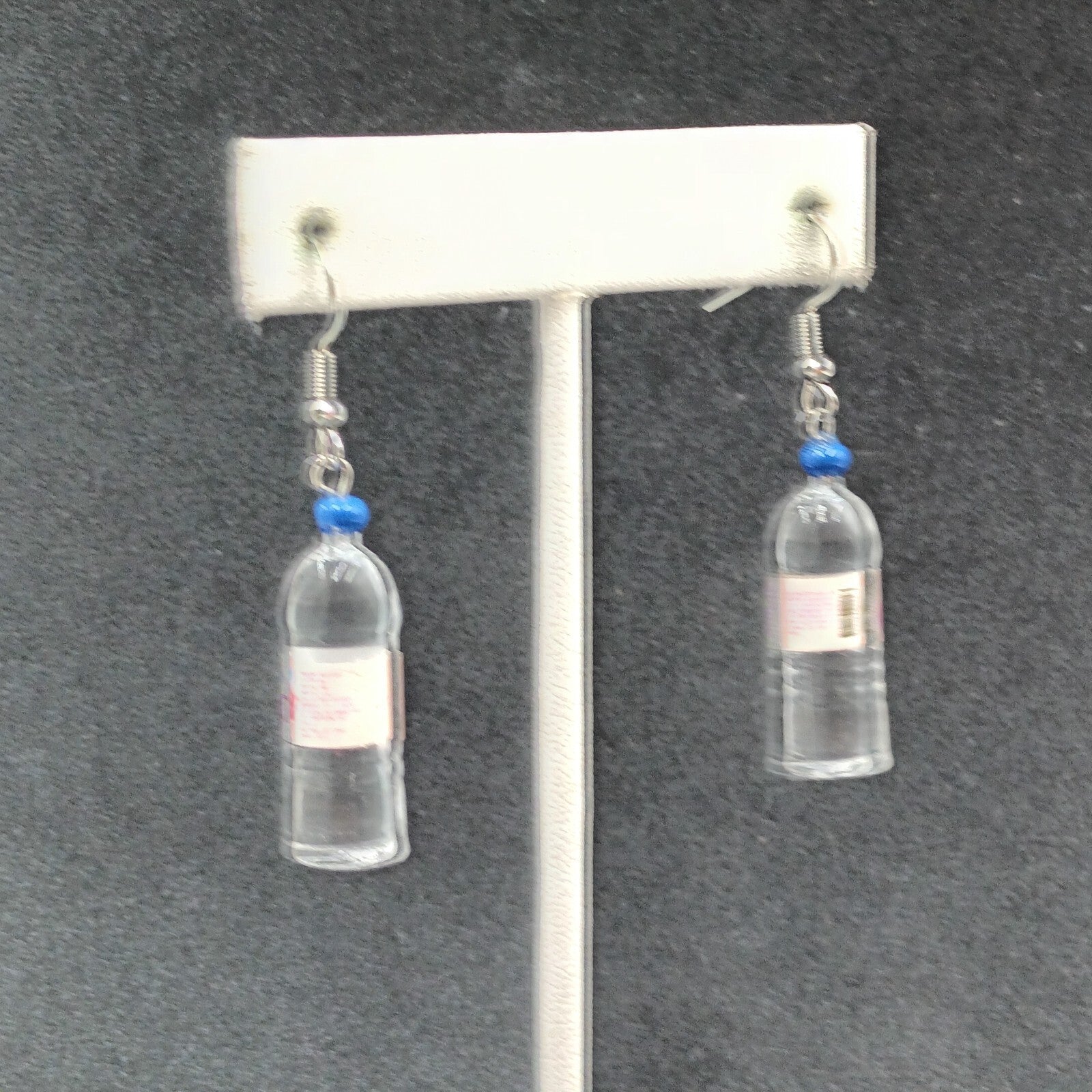 Evian Water Bottle Pierced Earrings  Silver tone Acrylic Miniature Dangle 1 1/4"