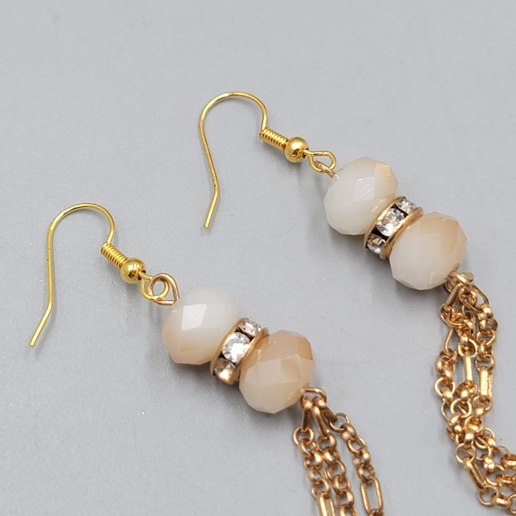 Gold tone Dangle Chains Pierced Earrings Ombre Faceted Glass Beads 3"
