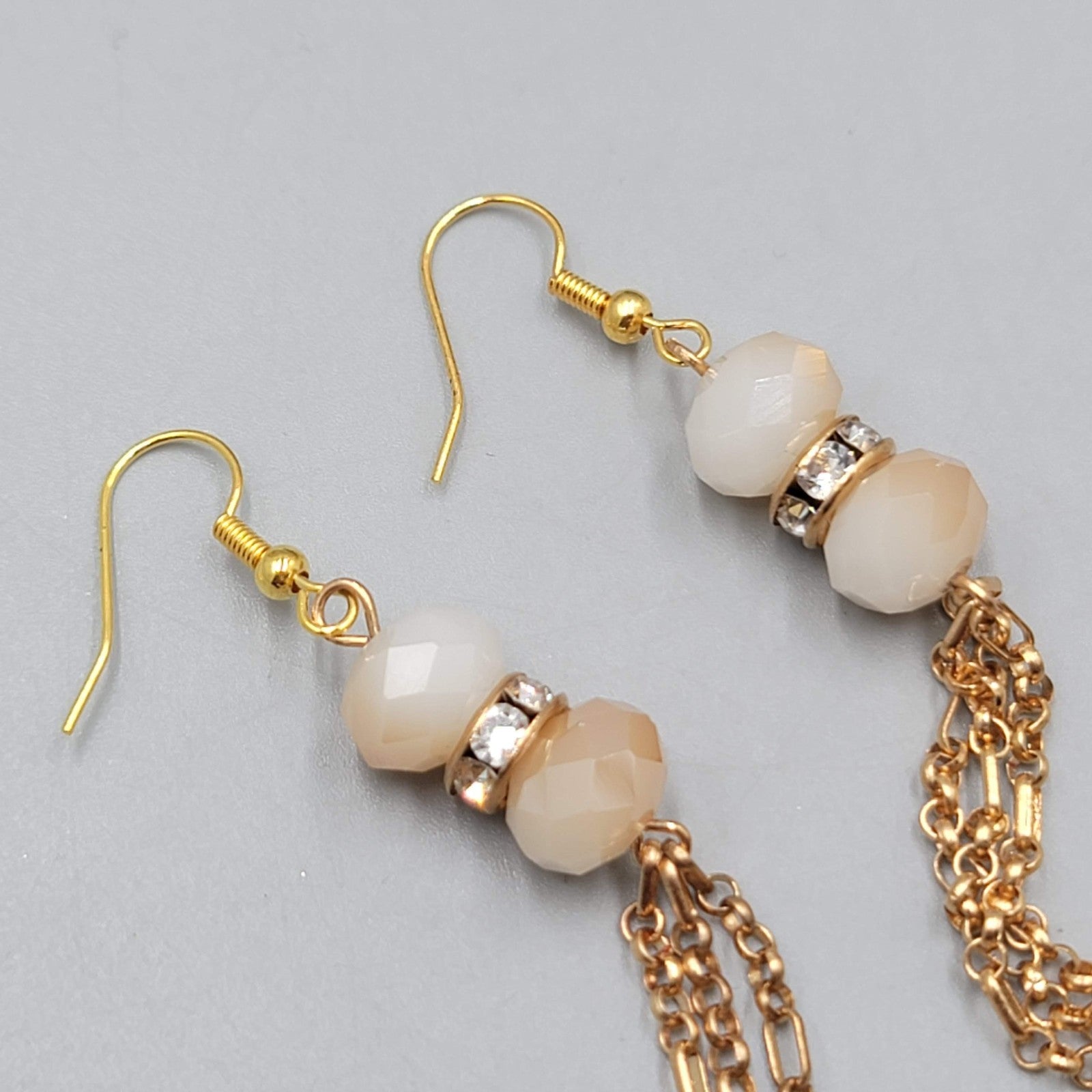 Gold tone Dangle Chains Pierced Earrings Ombre Faceted Glass Beads 3"