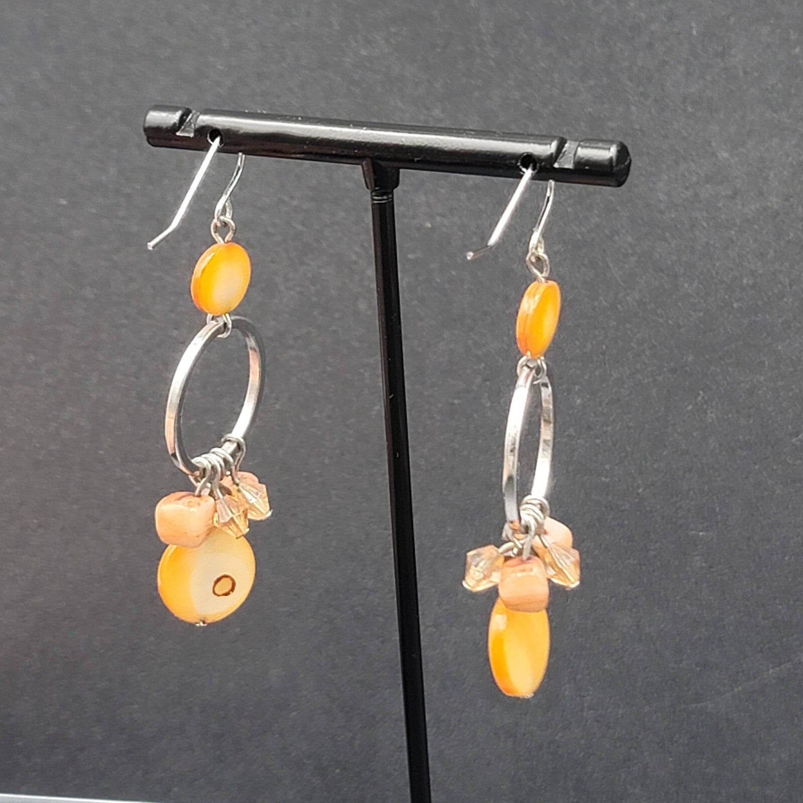 Pierced Earrings Silver tone Orange Shells Dangle Beads 2"