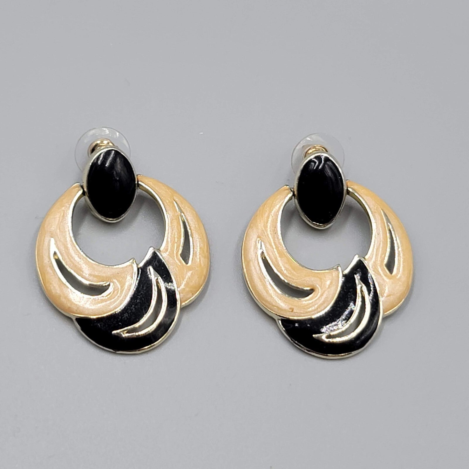 Vintage Pierced Earrings Gold tone Cream Black Enamel Statement Door Knocker 1.5