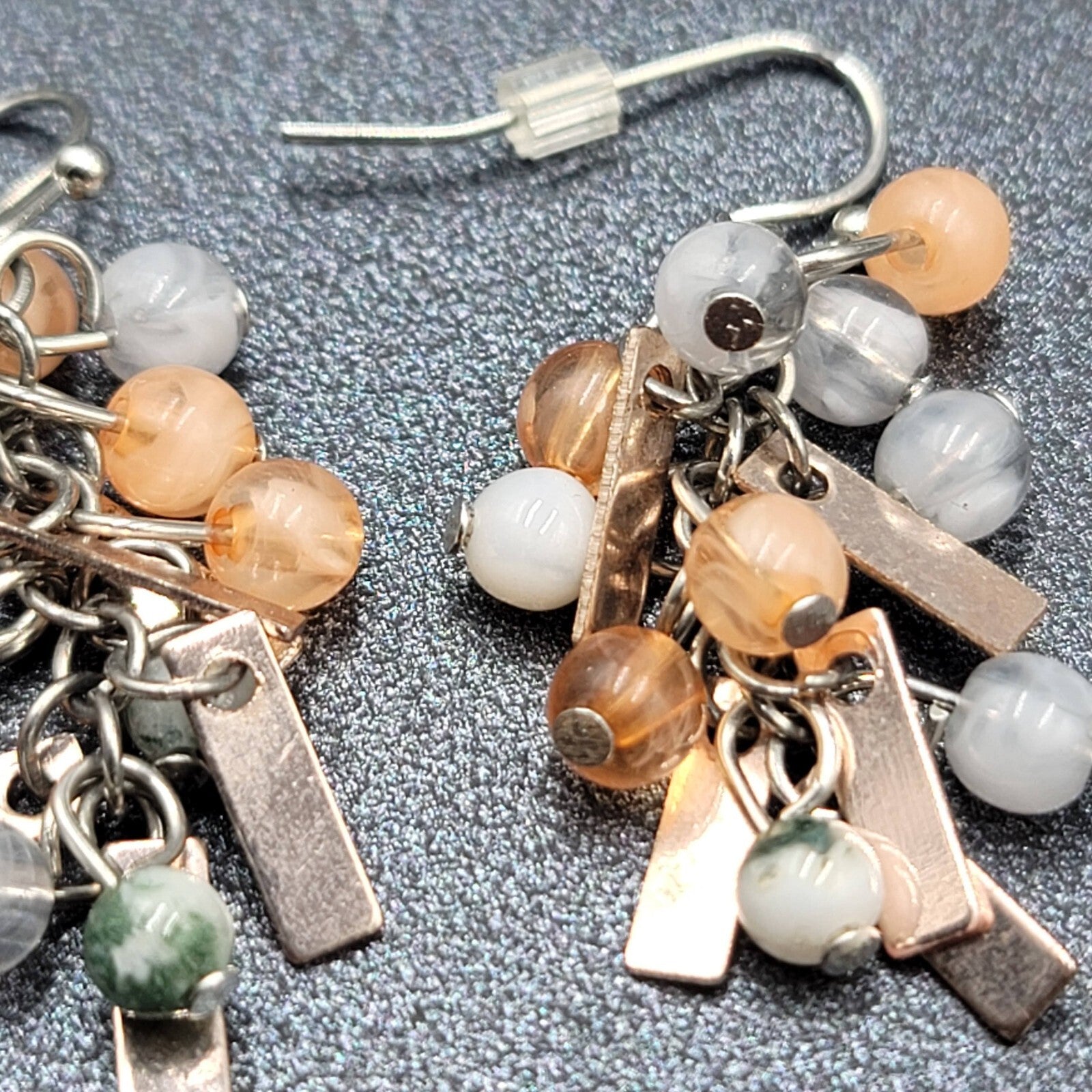 Pierced Earrings Silver tone Peach Gray Green Dangle Beads 1.25"