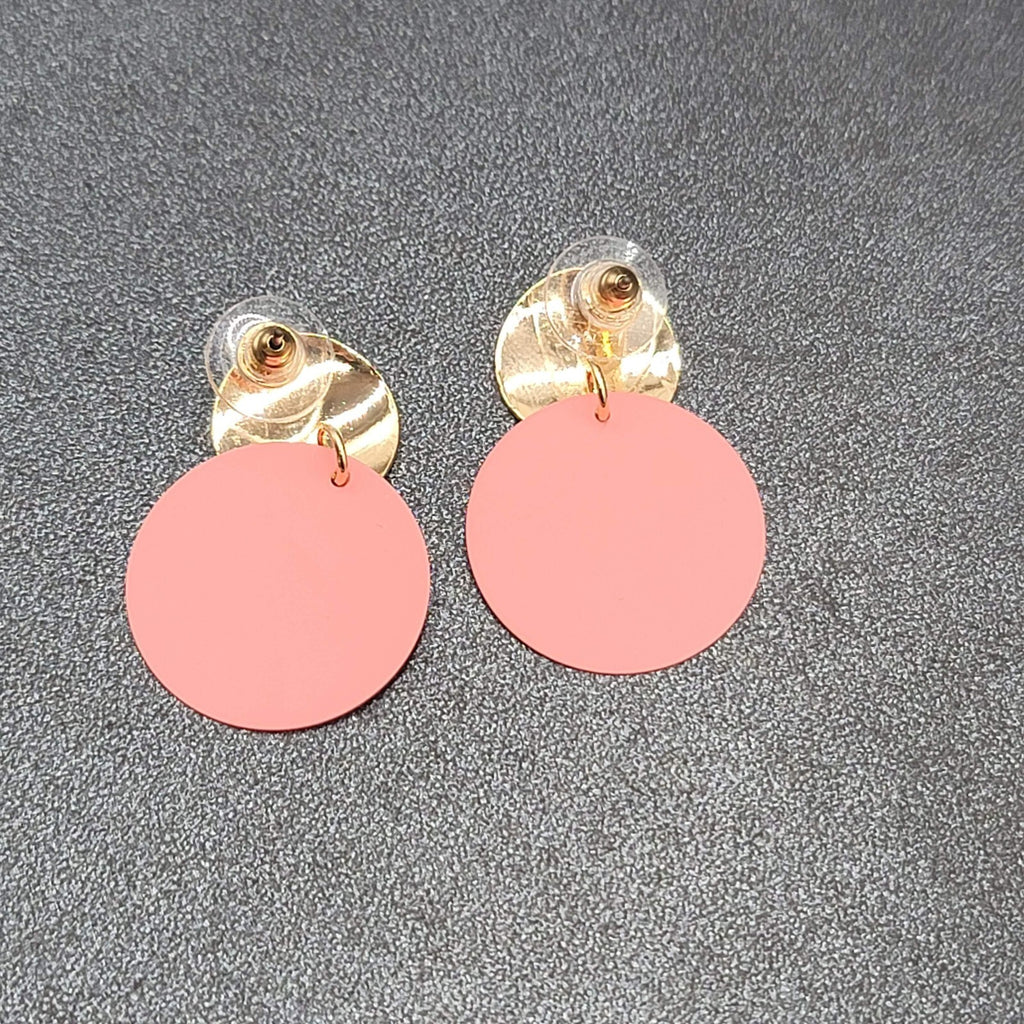 Pierced Earrings Gold tone Matte Pink Enamel Disc Dangle 1.25"