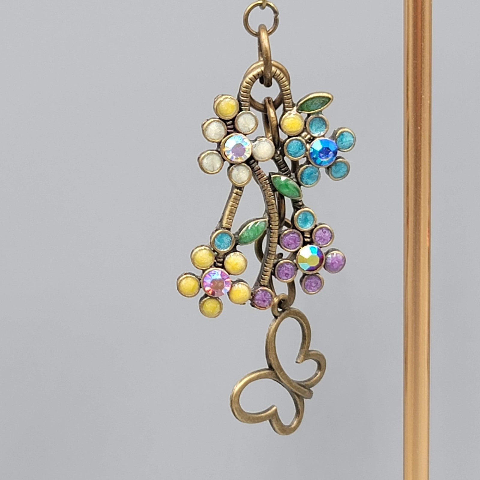 Multicolor Rhinestone Butterfly Pierced Earrings Bronze toen Dangle 2.5 in