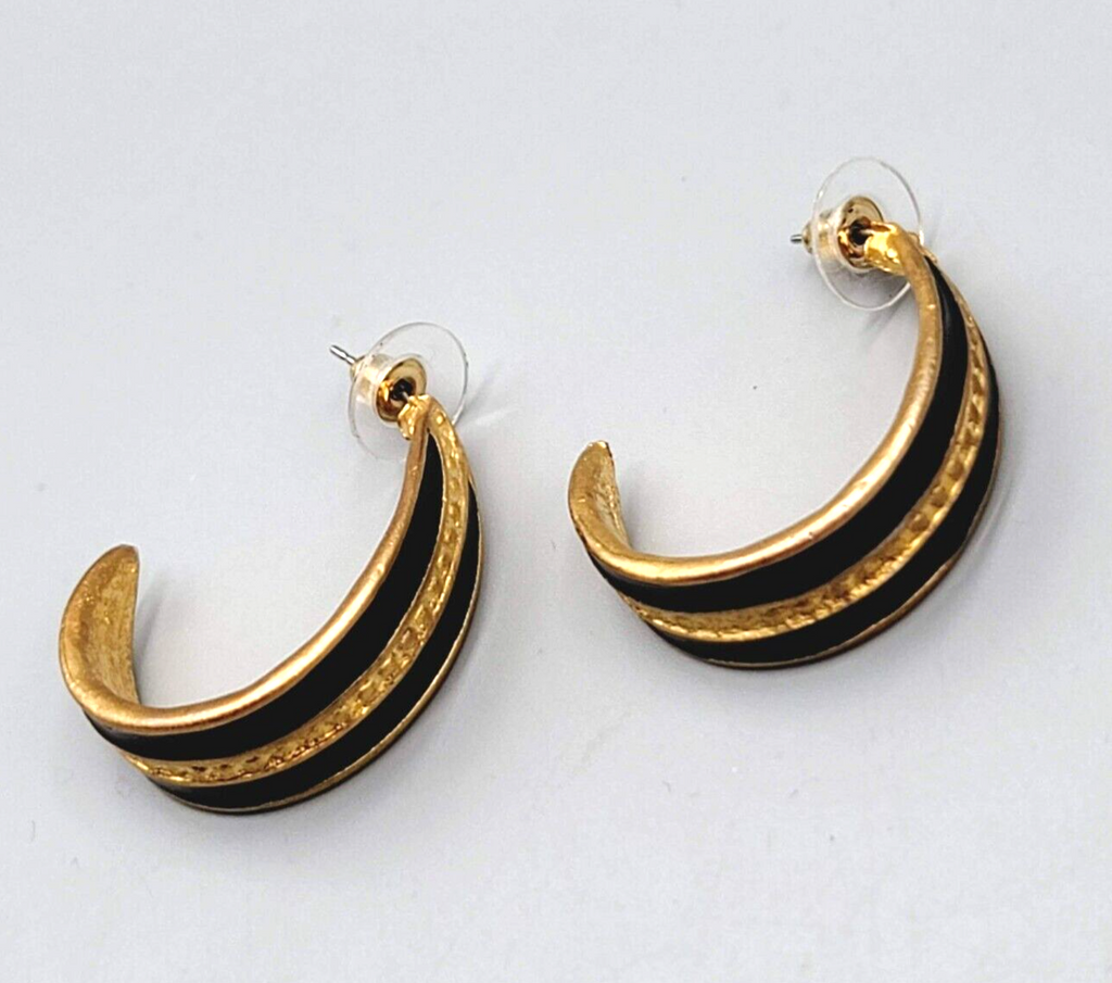 Hoop Pierced Earrings Brushed Gold Plated Black Enamel Drop 1.25"
