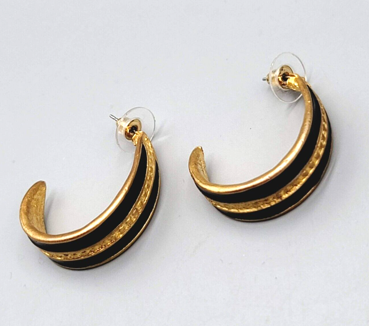 Hoop Pierced Earrings Brushed Gold Plated Black Enamel Drop 1.25"