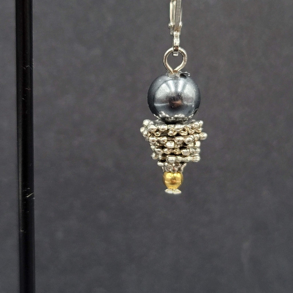 Pierced Earrings Silver tone Black Bead Dangle  7/8"
