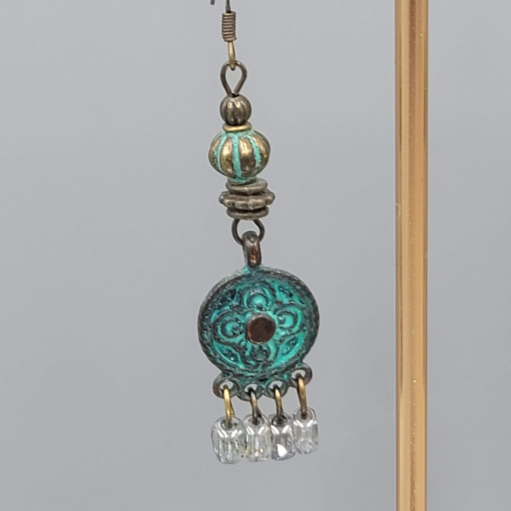 Green Bronze tone Chandelier Dangle Pierced Earrings 2"