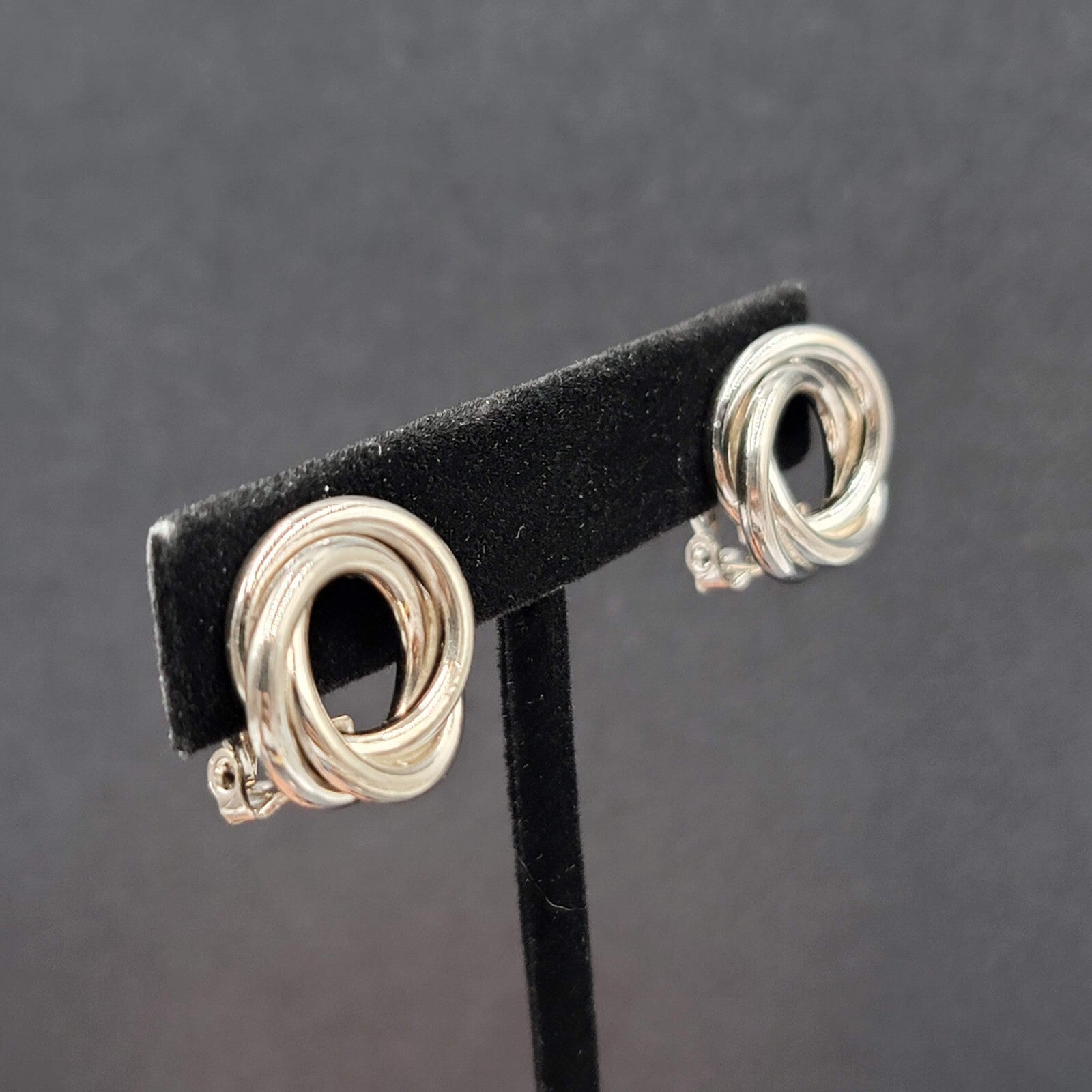 Vintage Clip on Earrings Silver tone Intertwined Circle Studs 5/8"