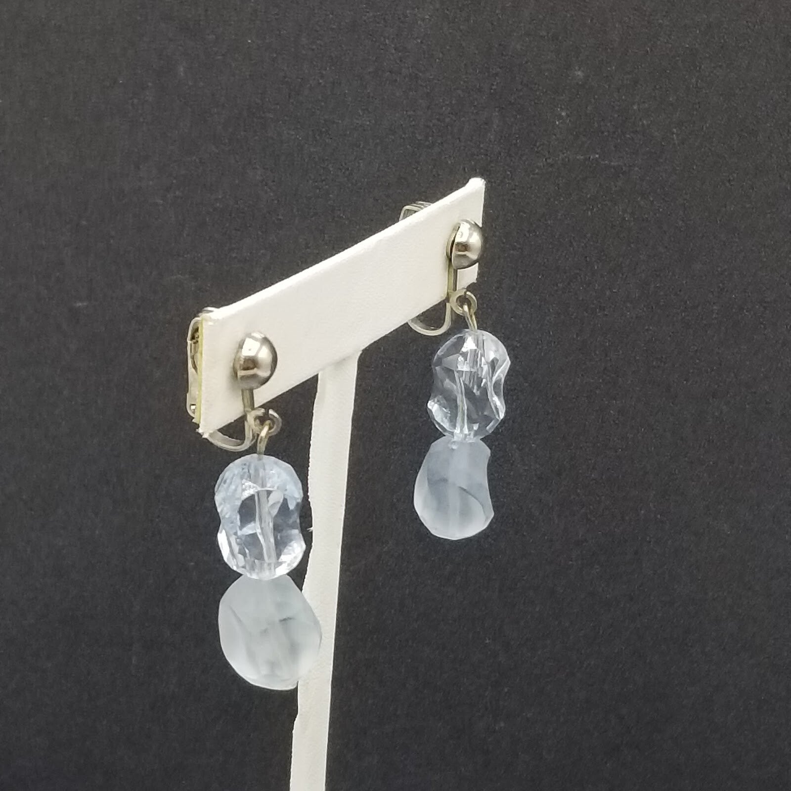 Vintage Clip On Silver tone Light Blue Acrylic Bead Dangle 1 3/4"