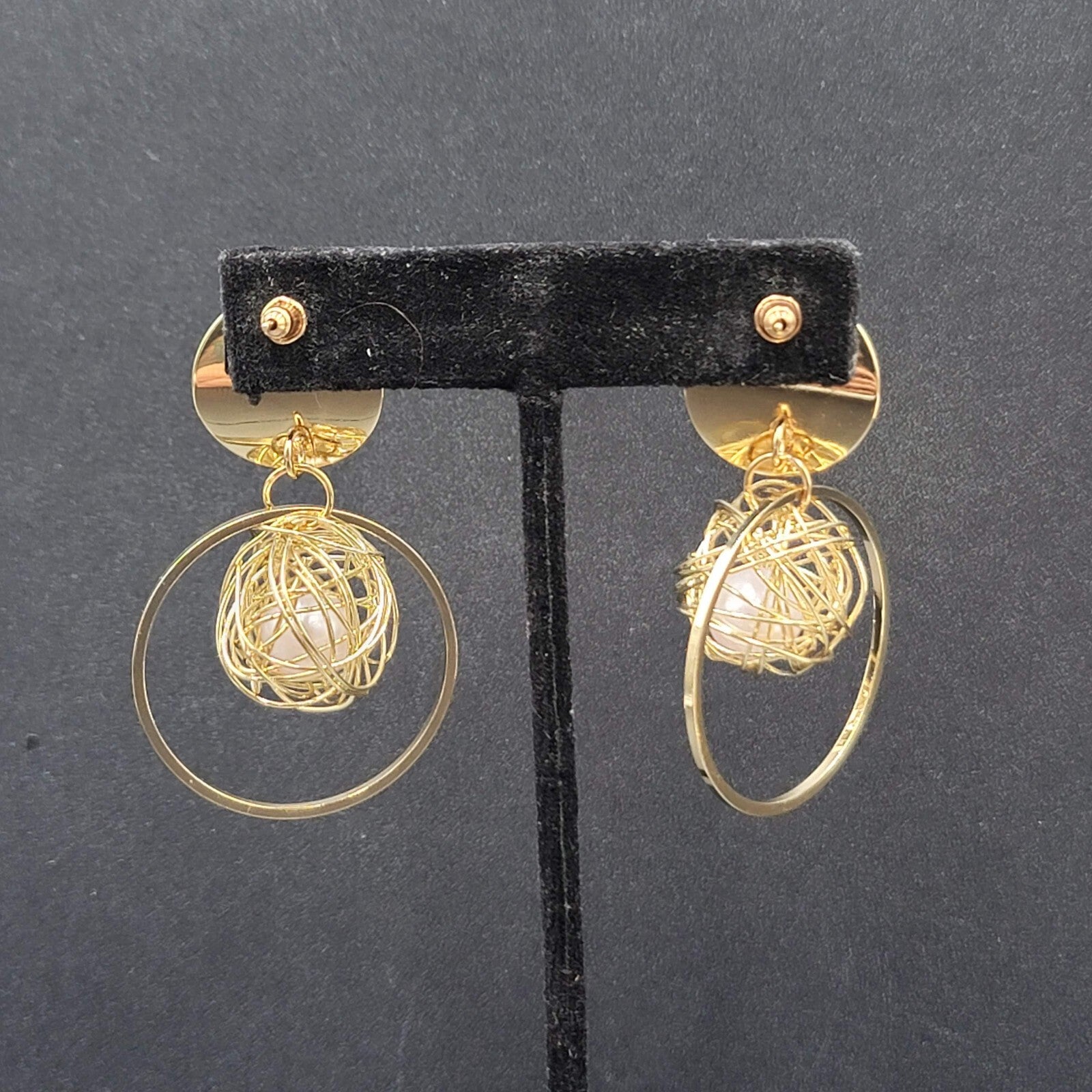 Pierced Earrings Gold tone Large Statement Wire Wrapped White Bead 2.25"