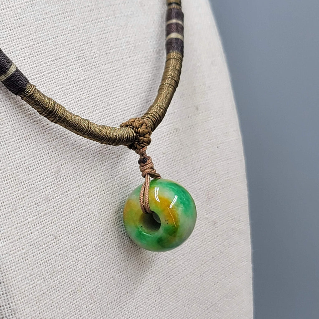 Artisan Green Yellow Stone  Bead Pendant Boho Necklace Adjustable Thread Wrapped