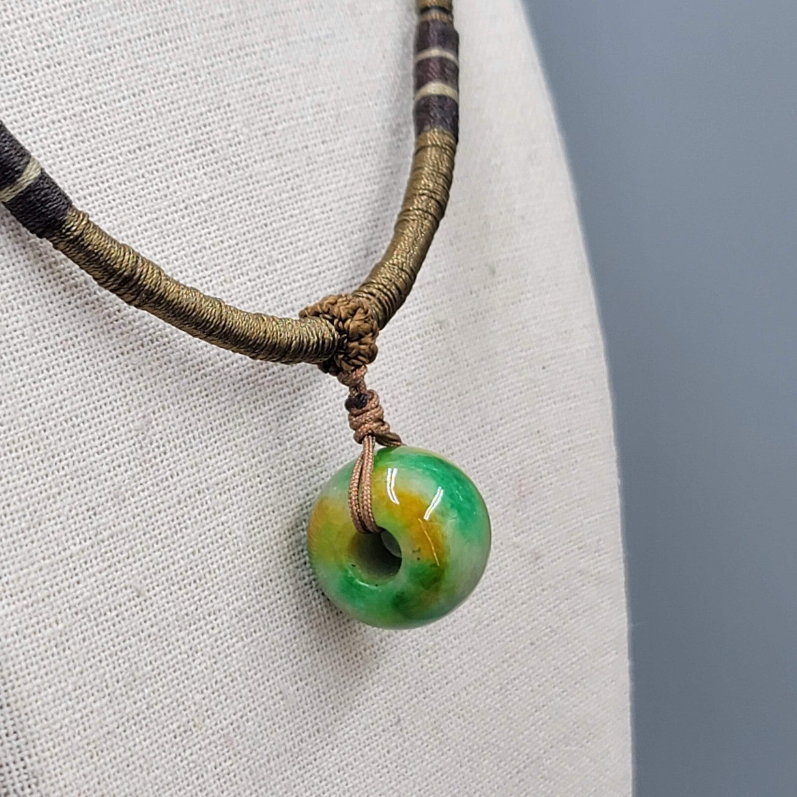 Artisan Green Yellow Stone  Bead Pendant Boho Necklace Adjustable Thread Wrapped