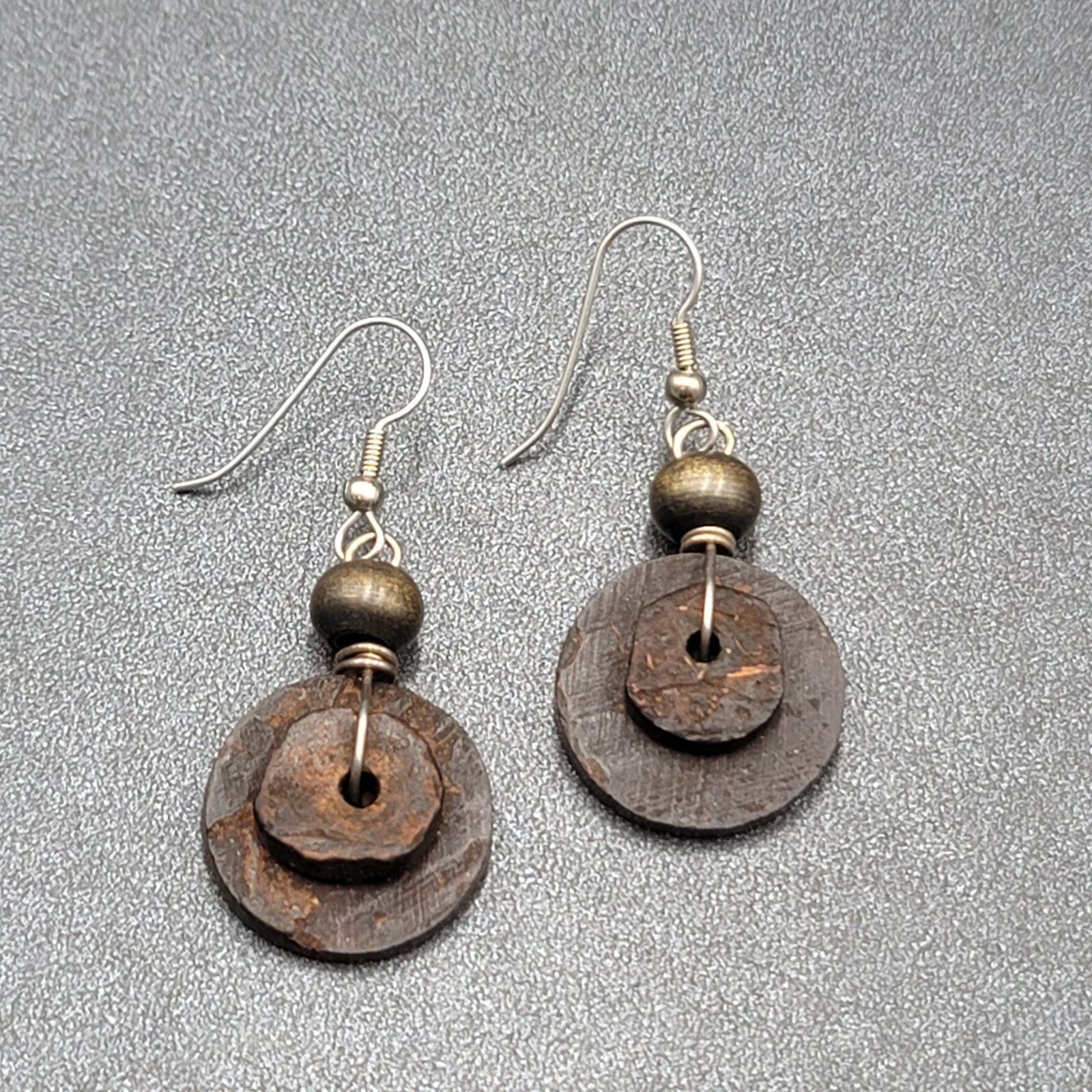 Pierced Earrings Silver tone Coconut Layered Disc Beads Dangle 1.25"