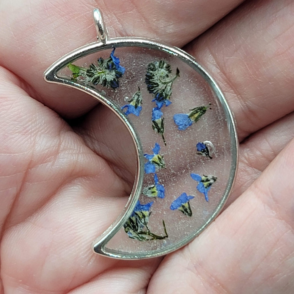 Cat Moon Necklace Silver tone Real Flower Resin Pendants 2 & one chain 18"