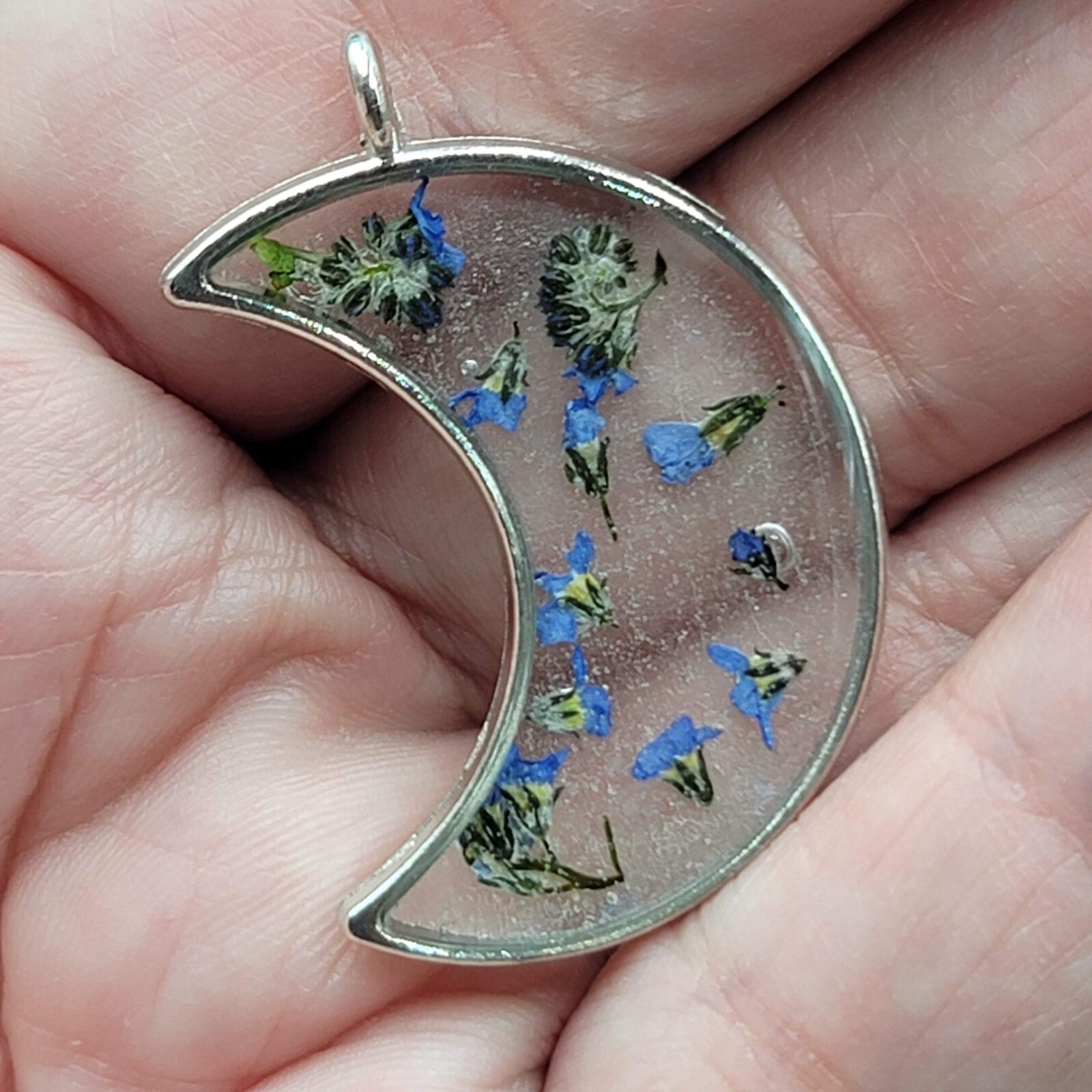 Cat Moon Necklace Silver tone Real Flower Resin Pendants 2 & one chain 18"