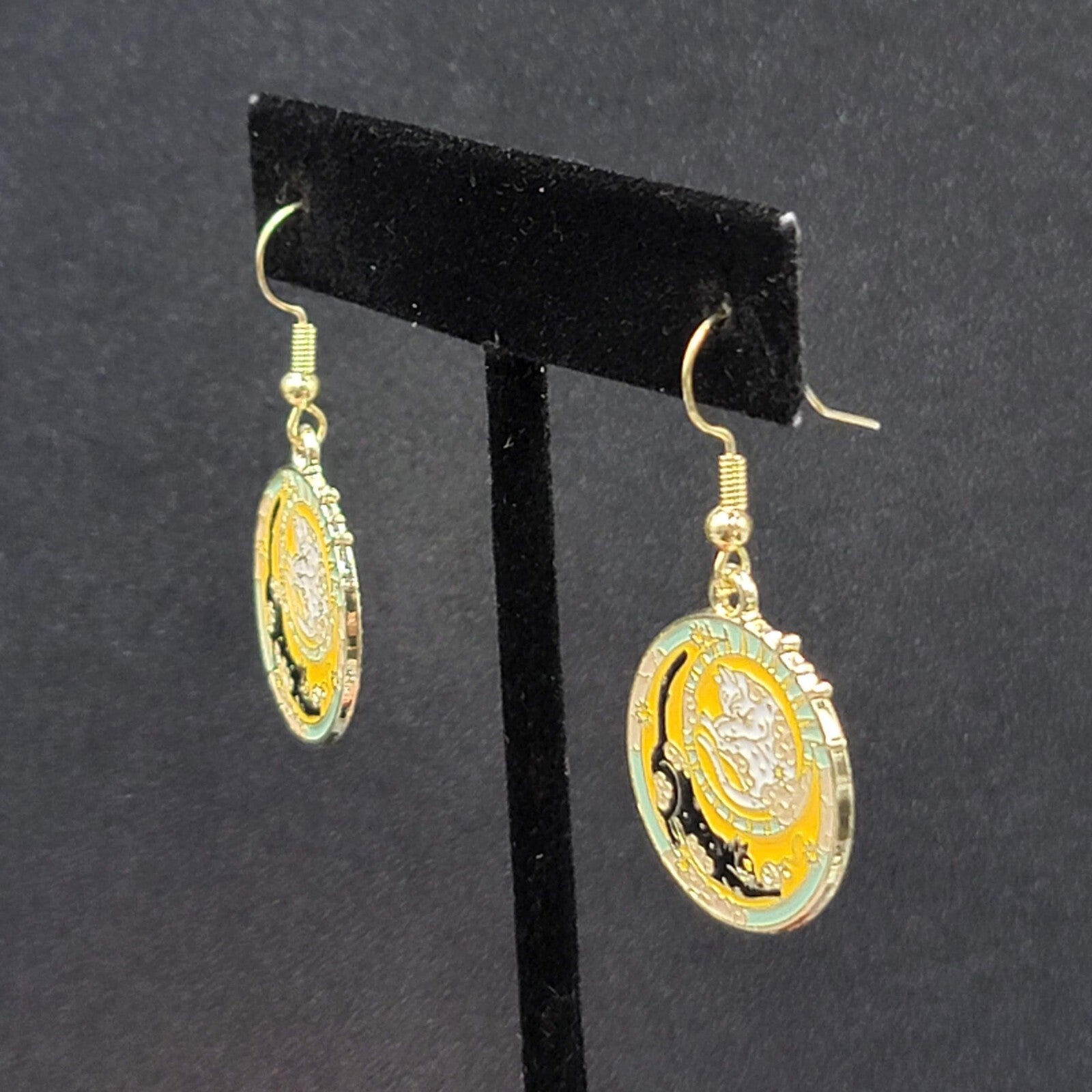 Pierced Earrings Gold tone Enamel Black Cat White Cat Sun Moon Dangle 1"