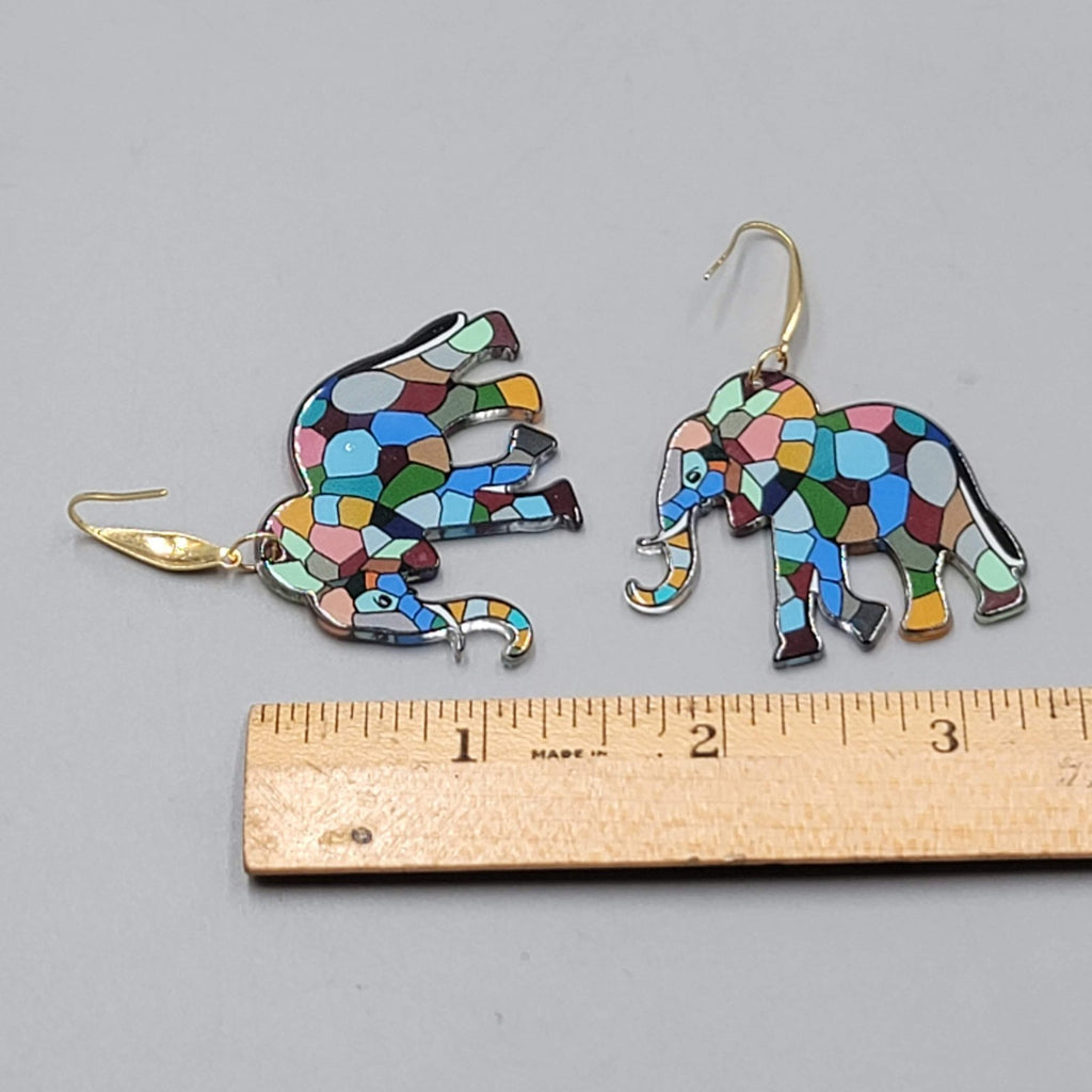 Multicolor Mosiac Elephant Pierced Earrings Acrylic Dangle Gold tone Hook 1 3/8"