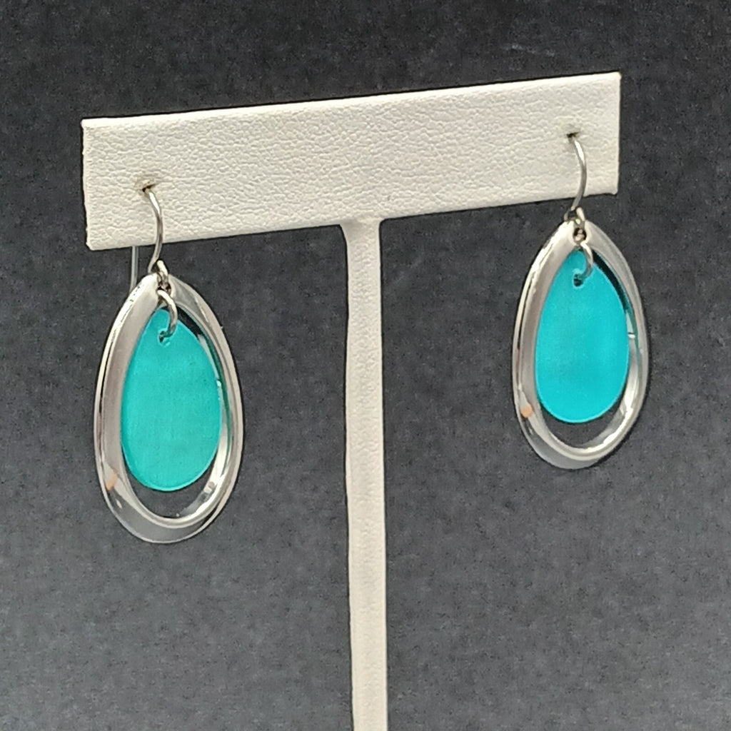 Pierced Earrings Silver tone Blue Teardrop Shell Dangle 1.25"
