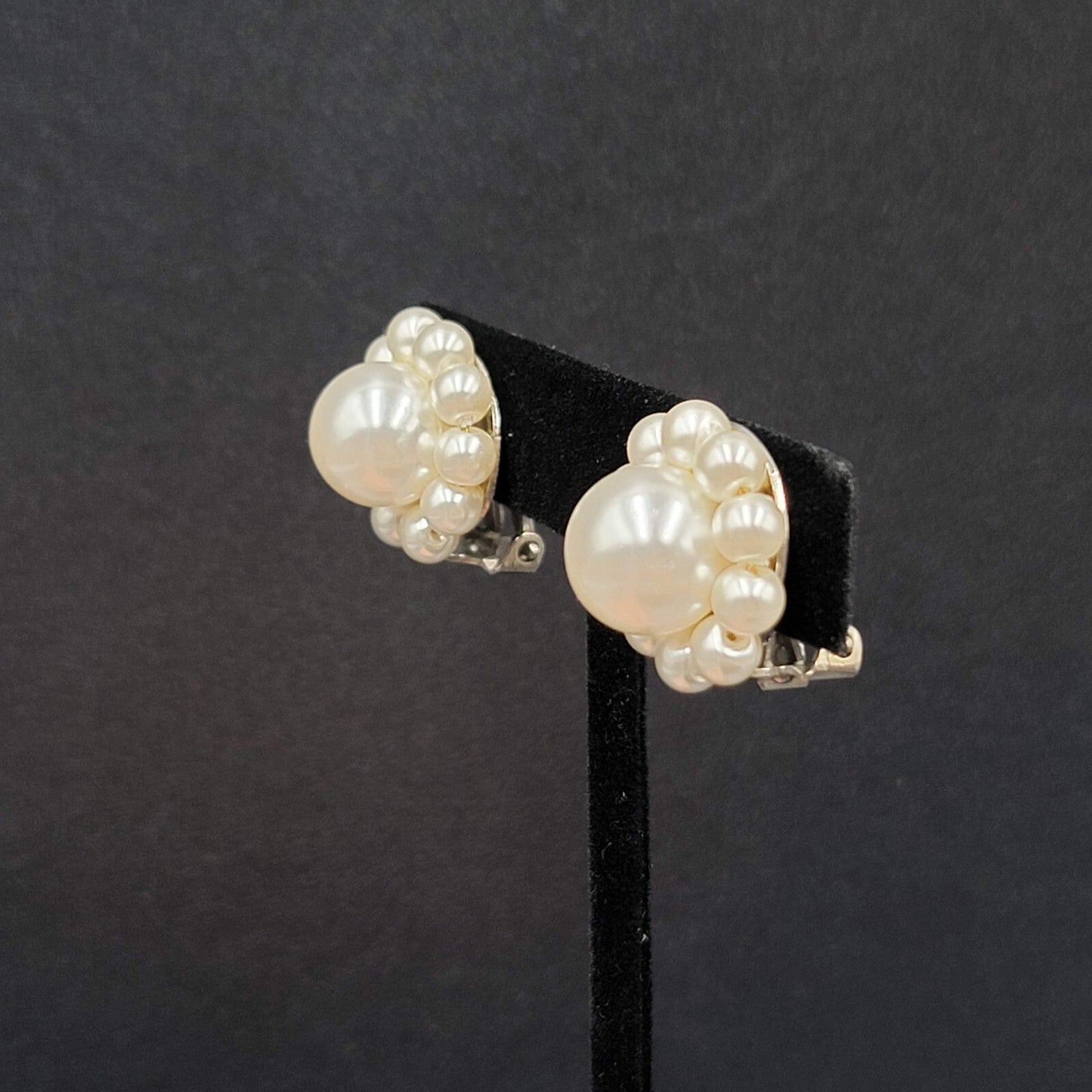 Vintage Clip on Earrings White Acrylic Cluster Bead Estate 7/8"