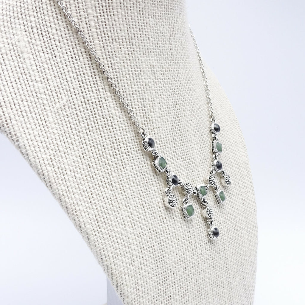 Signed Silver tone Chain Green Enamel Dangle Waterfall Accents 16" - 17.5"