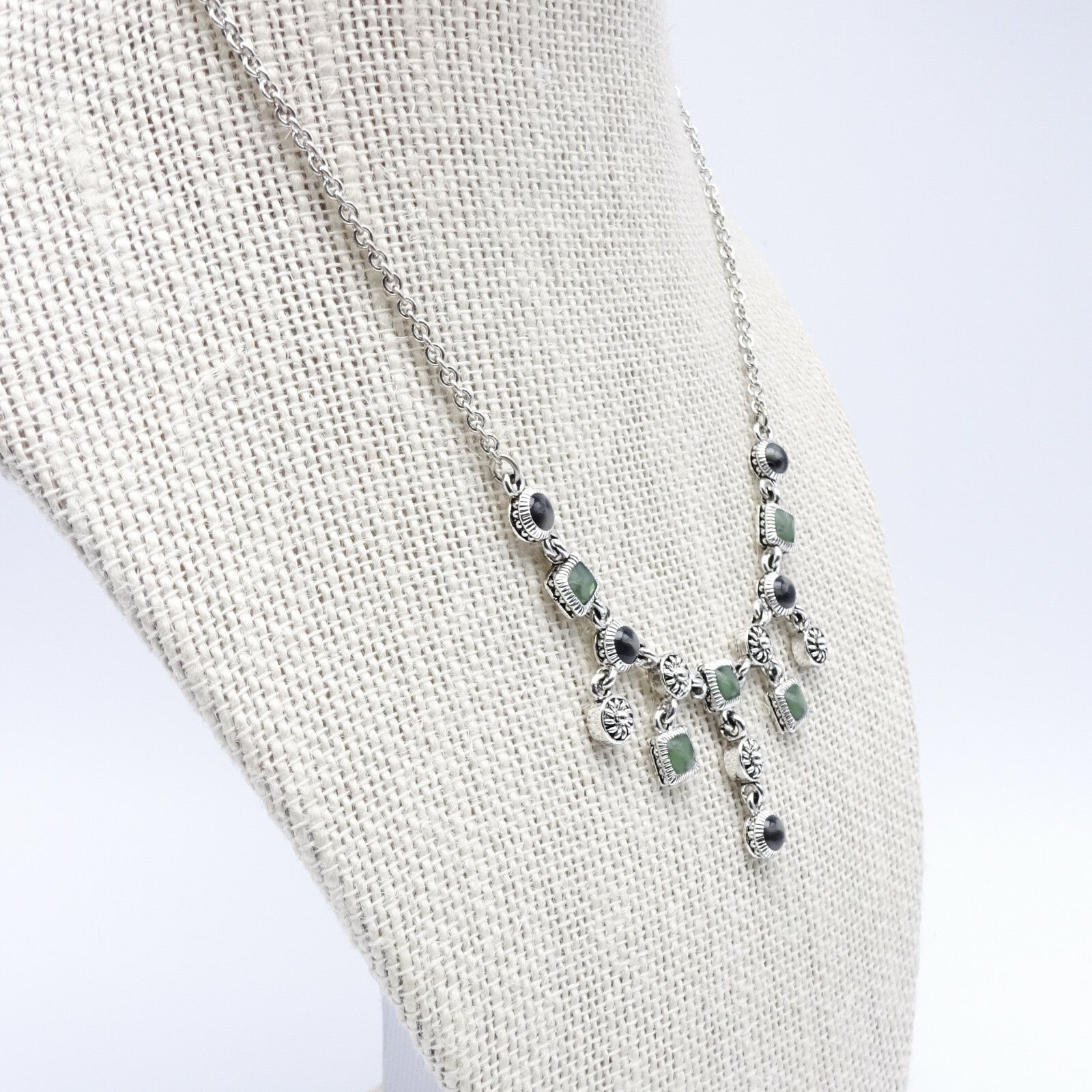Signed Silver tone Chain Green Enamel Dangle Waterfall Accents 16" - 17.5"