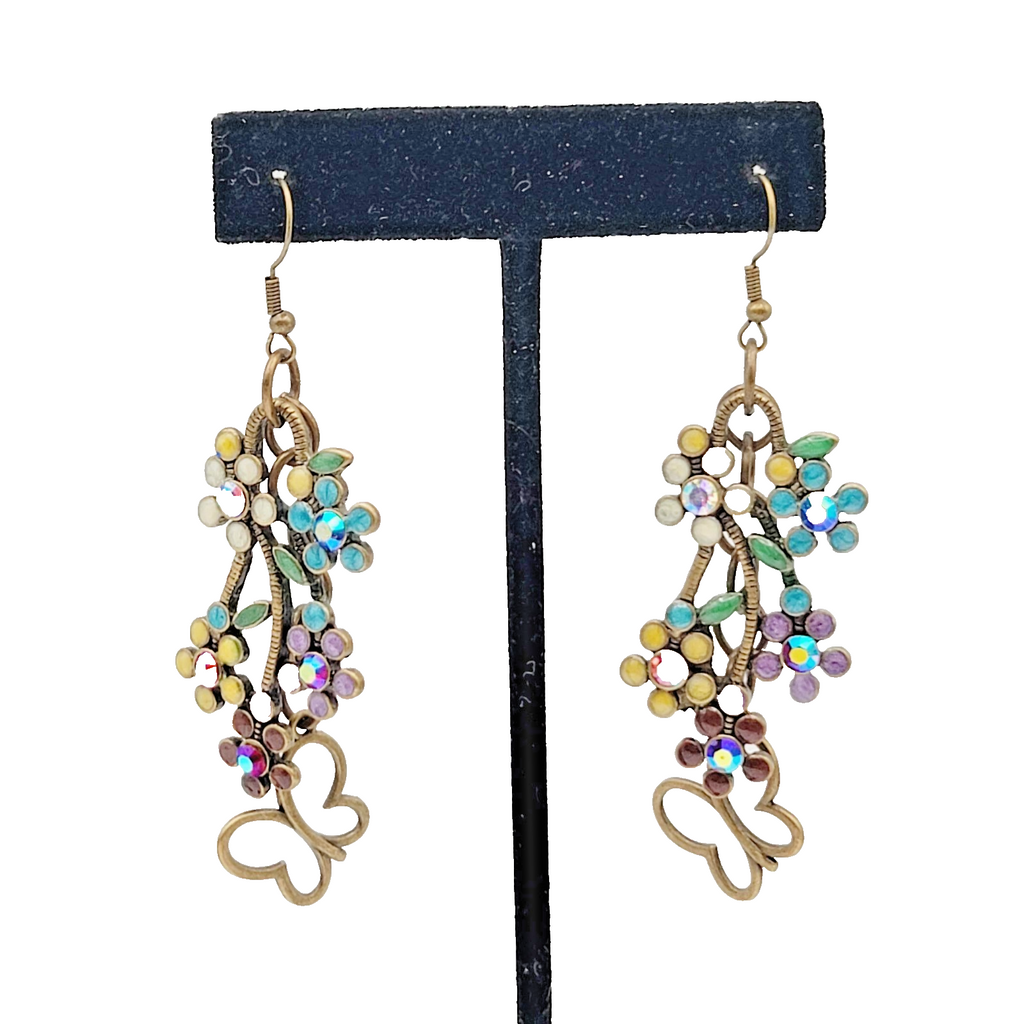 Multicolor Crystal Flowers Butterfly Pierced Earrings Bronze tone Dangle 2 in