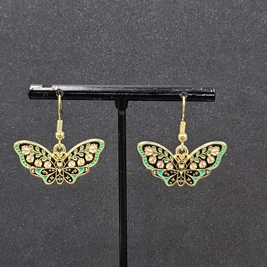 Moth Pierced Earrings Gold tone Green Pink Black Enamel Dangle 1/2"