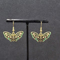 Moth Pierced Earrings Gold tone Green Pink Black Enamel Dangle 1/2"