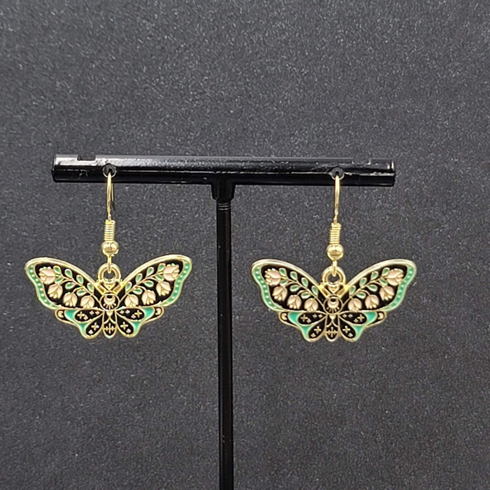 Moth Pierced Earrings Gold tone Green Pink Black Enamel Dangle 1/2"