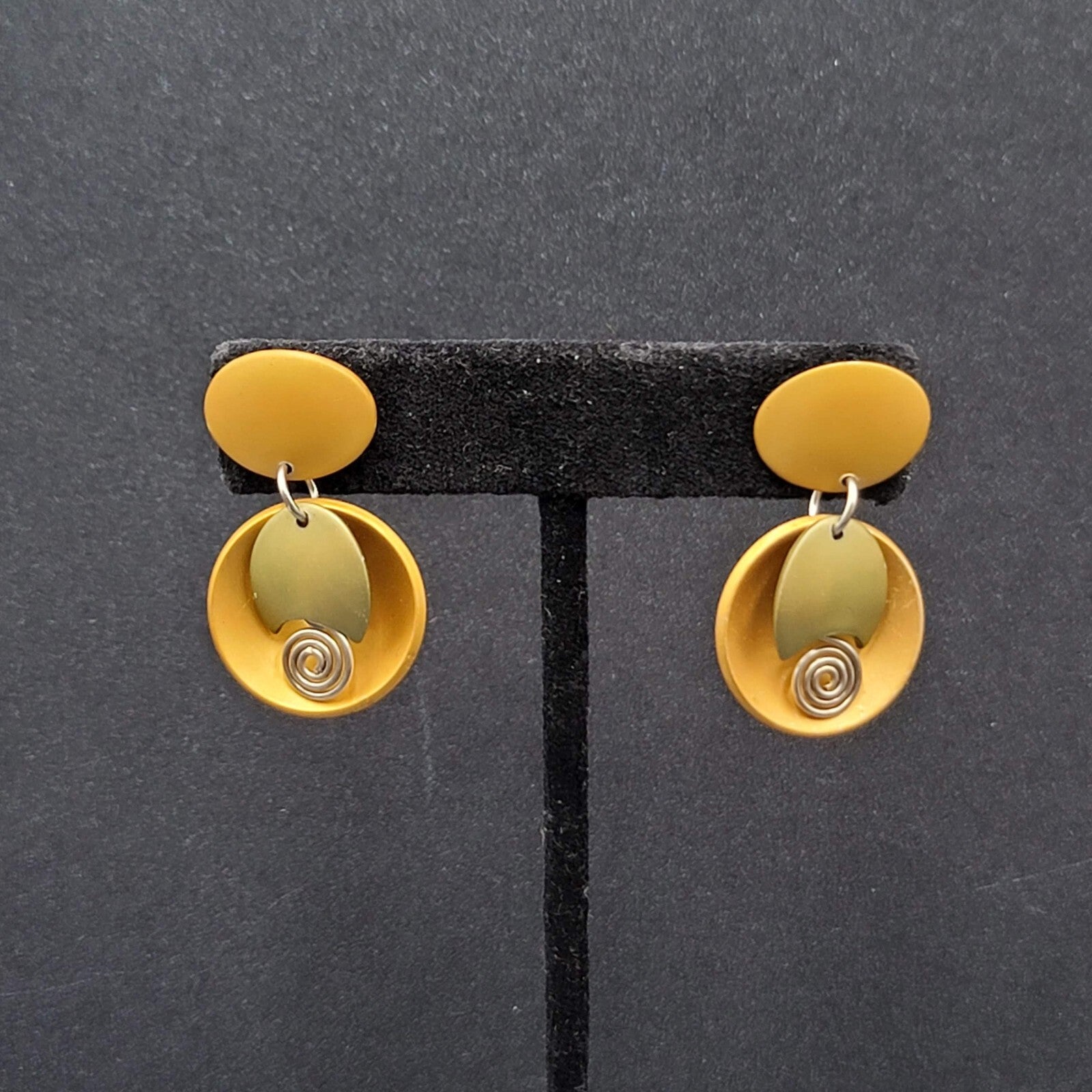 Pierced Earrings Brushed Gold tone Gold Silver Accent Modernist Dangle  1 3/8"