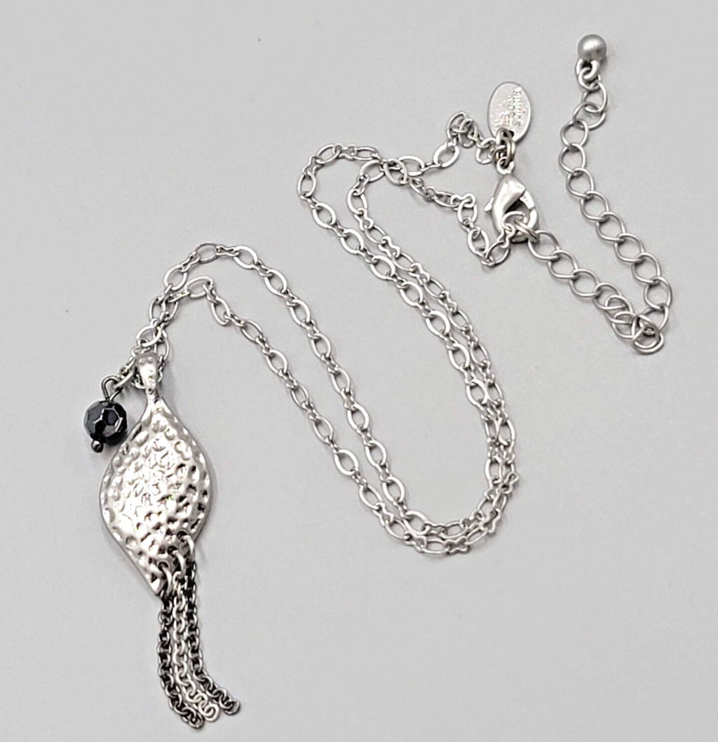 Lia Sophia Necklace Pendant Black Bead Silver tone Chain 16"-19"