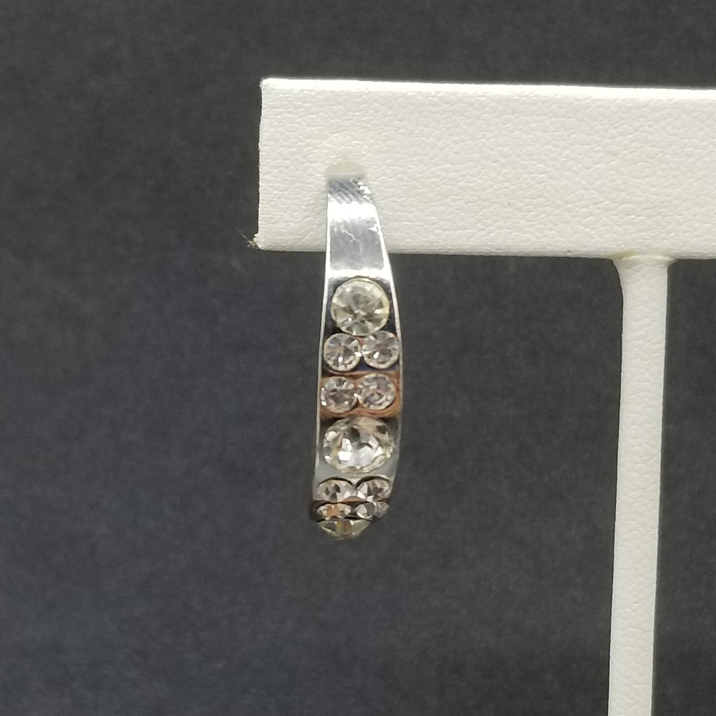 Pierced Earrings Silver tone Faceted Crystal Half Hoop Drop 1 1/4"