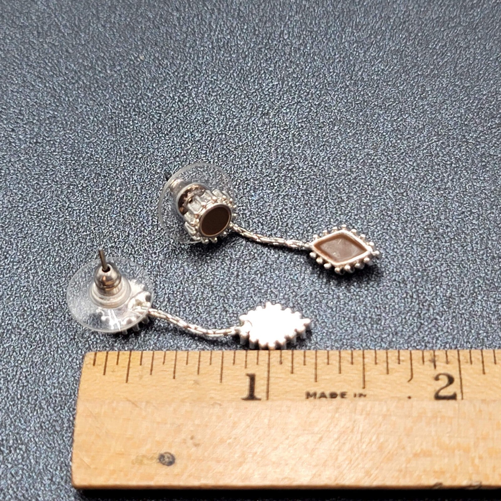 Pierced Earrings Silver tone Brown Enamel Dangle Unique Design  1.25"