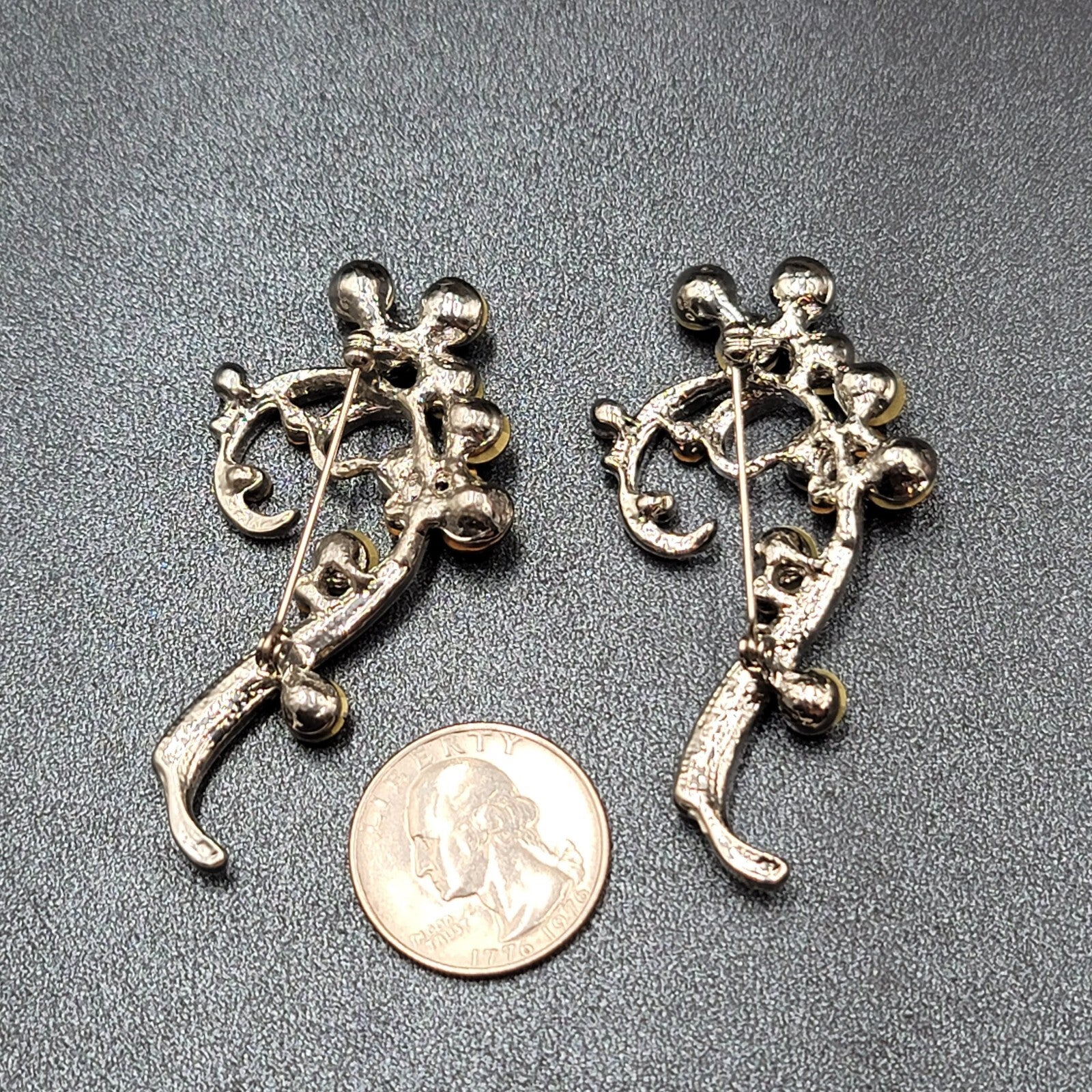 Vintage Brooch Lot of 2 Silver tone Green Purple Crystal Rhinestone 2.5"