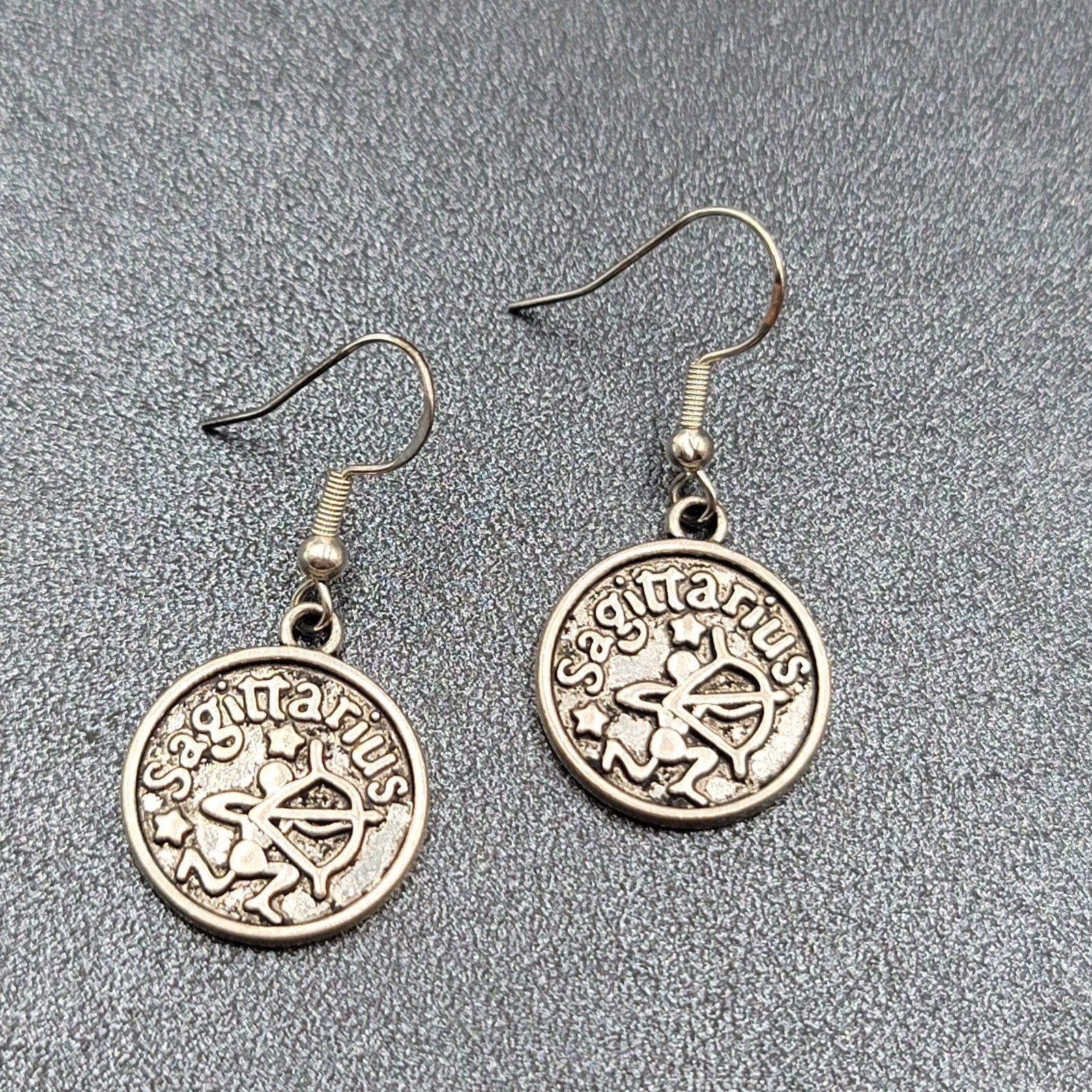 Sagittarius Pierced Earrings Silver tone Round Dangle Optimistic 3/4"