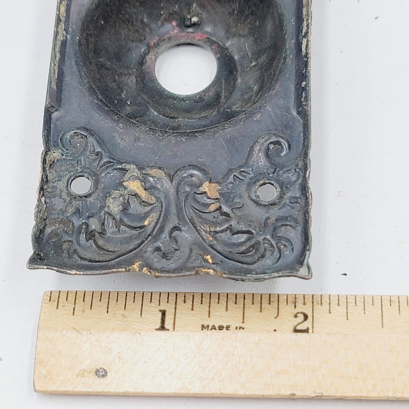 Antique Copper Door Bell Back Plate Ornate  4 in x 2 in