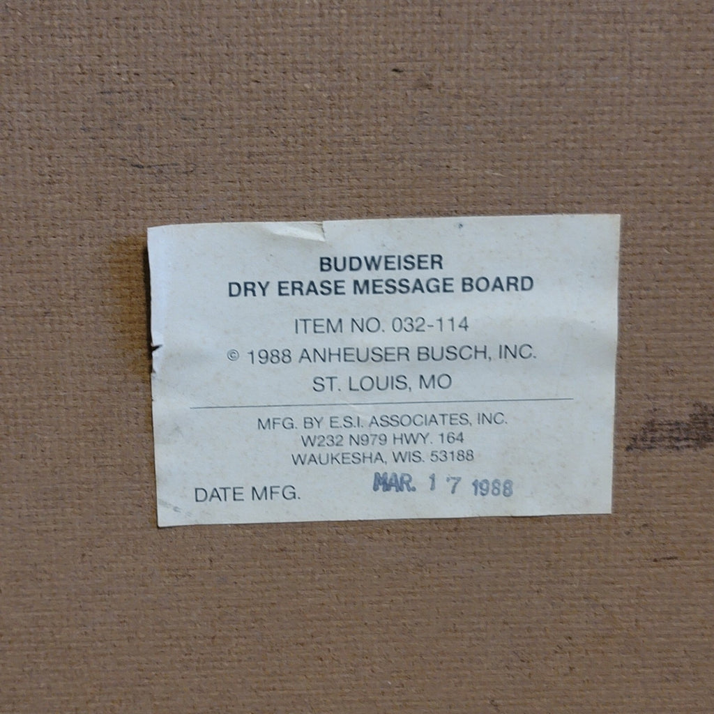 Vintage 1986 Budweiser Dry Erase Message Board Wall Hanging 32x19 Man Cave