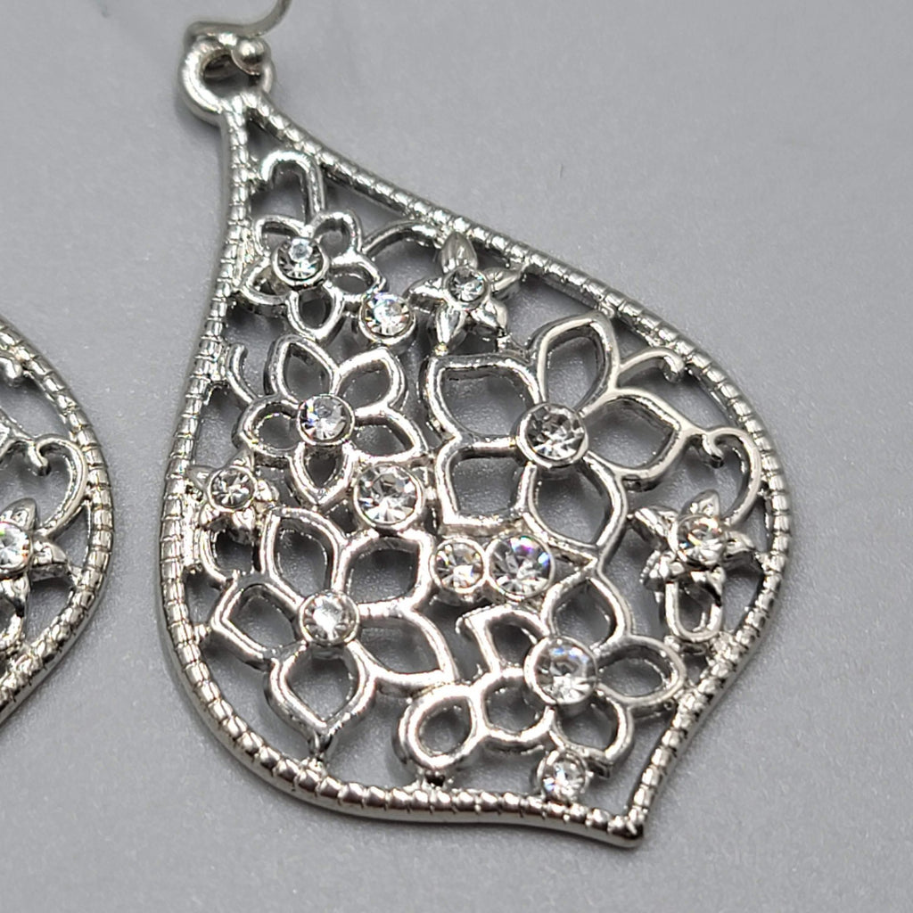 Open Work Rhinestone Pierced Earrings Silver toen Dangle 1.75"