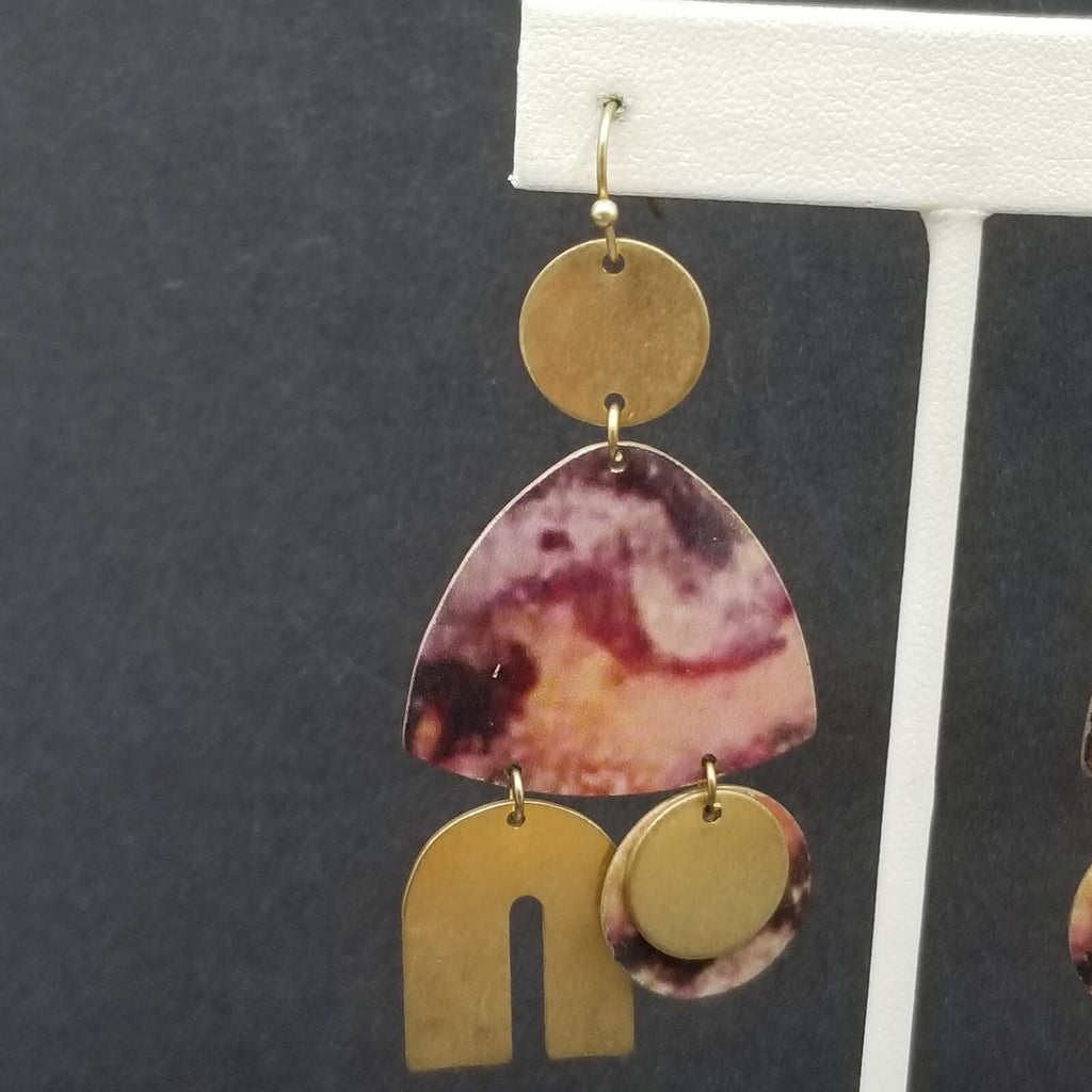 Pierced Earrings Gold tone Multicolor Geometric Statement Dangle 2 5/8"