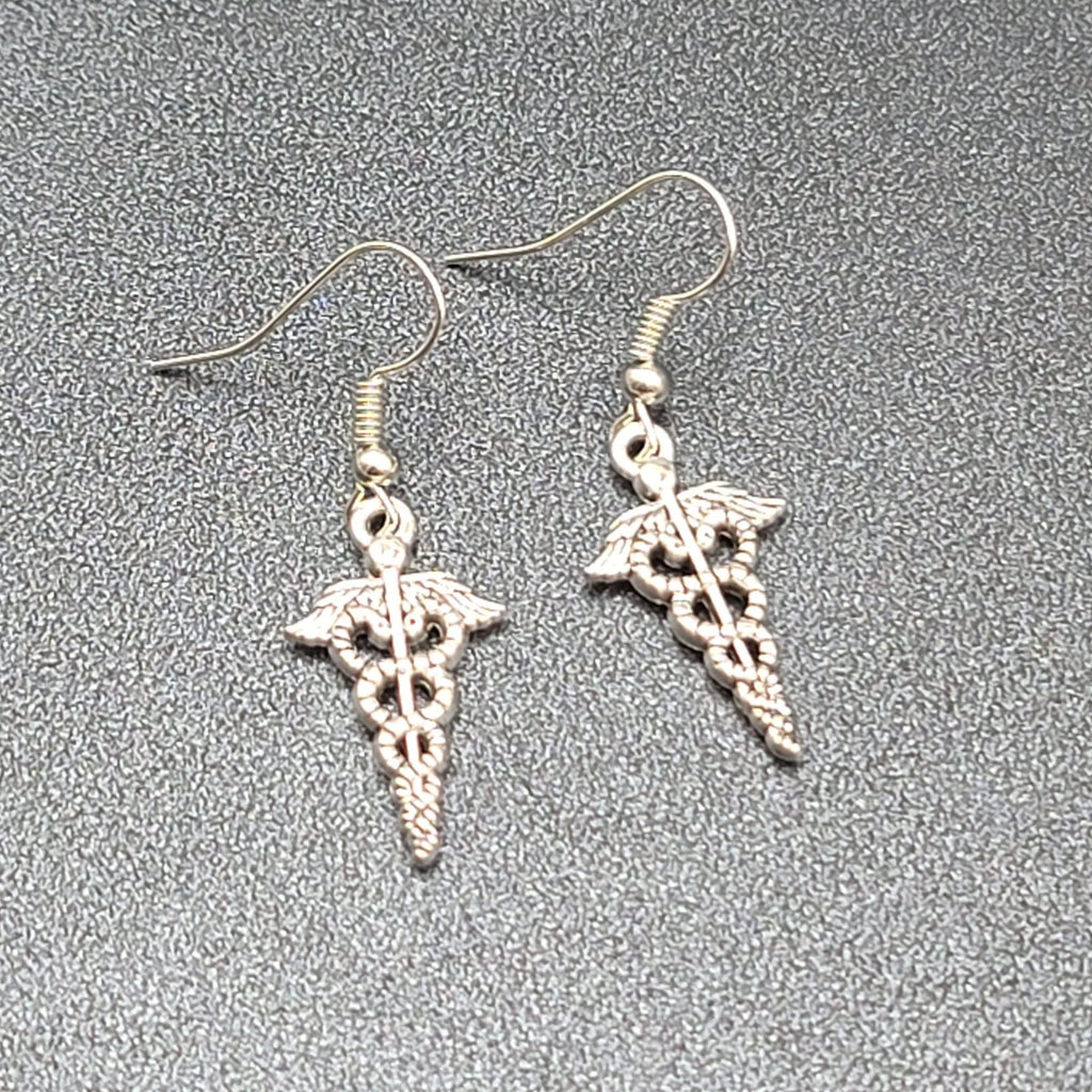  Caduceus Pierced Earrings Silver tone Medical Dangle 1"