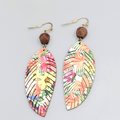 Tropical Leaf Wood Bead Pierced Earrings Gold tone Dangle 2.75"