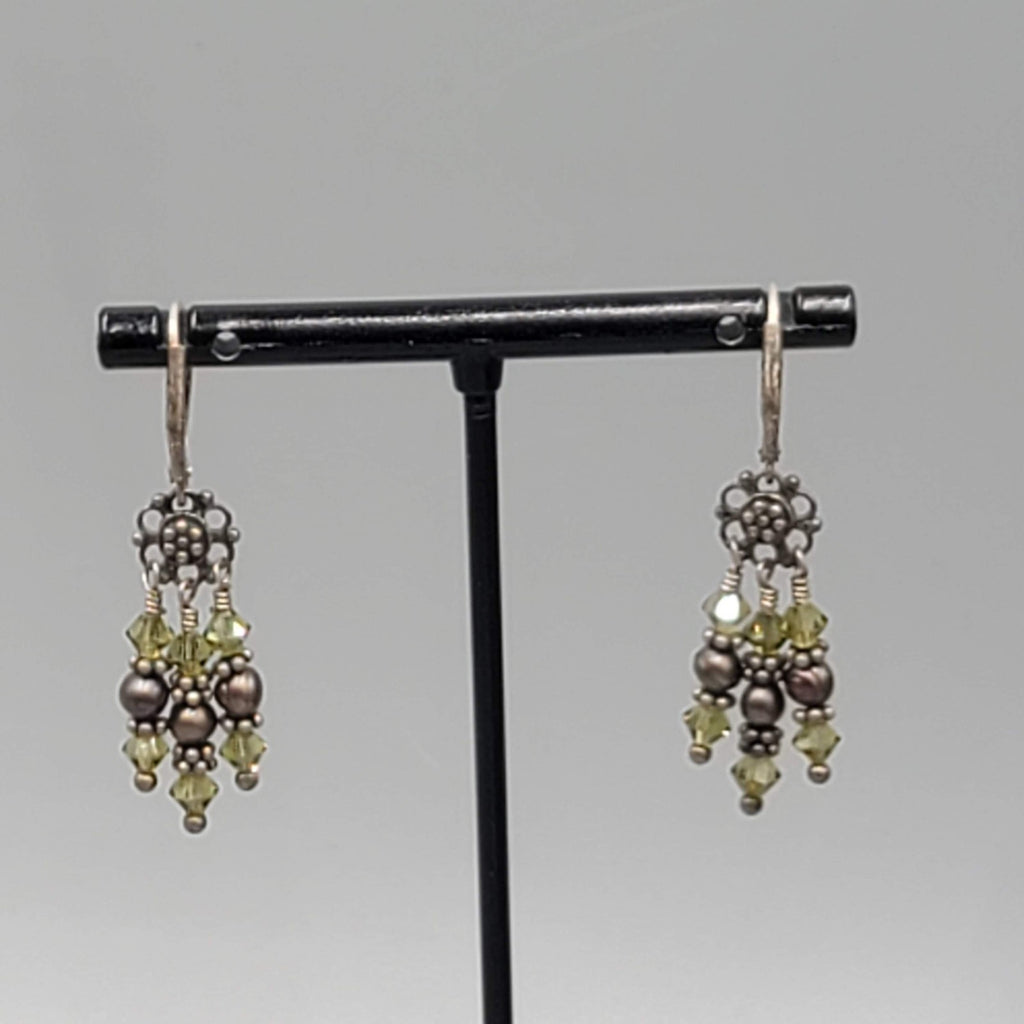 Pearl and Green Bead Sterling Silver Pierced Earrings Dangle 1 1/8 in 925