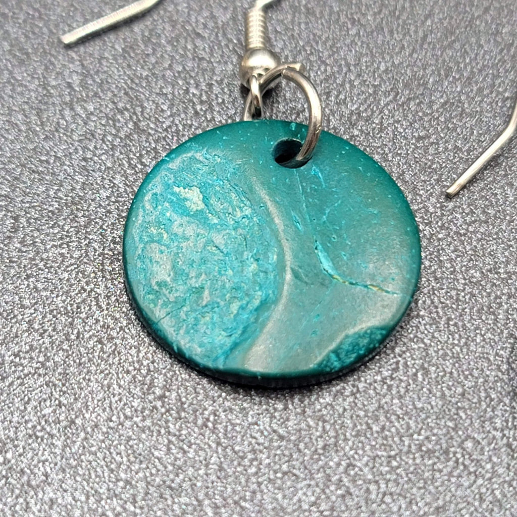 Pierced Earrings Teal Blue Coir Coconut Shell Round Dangle 3/4"